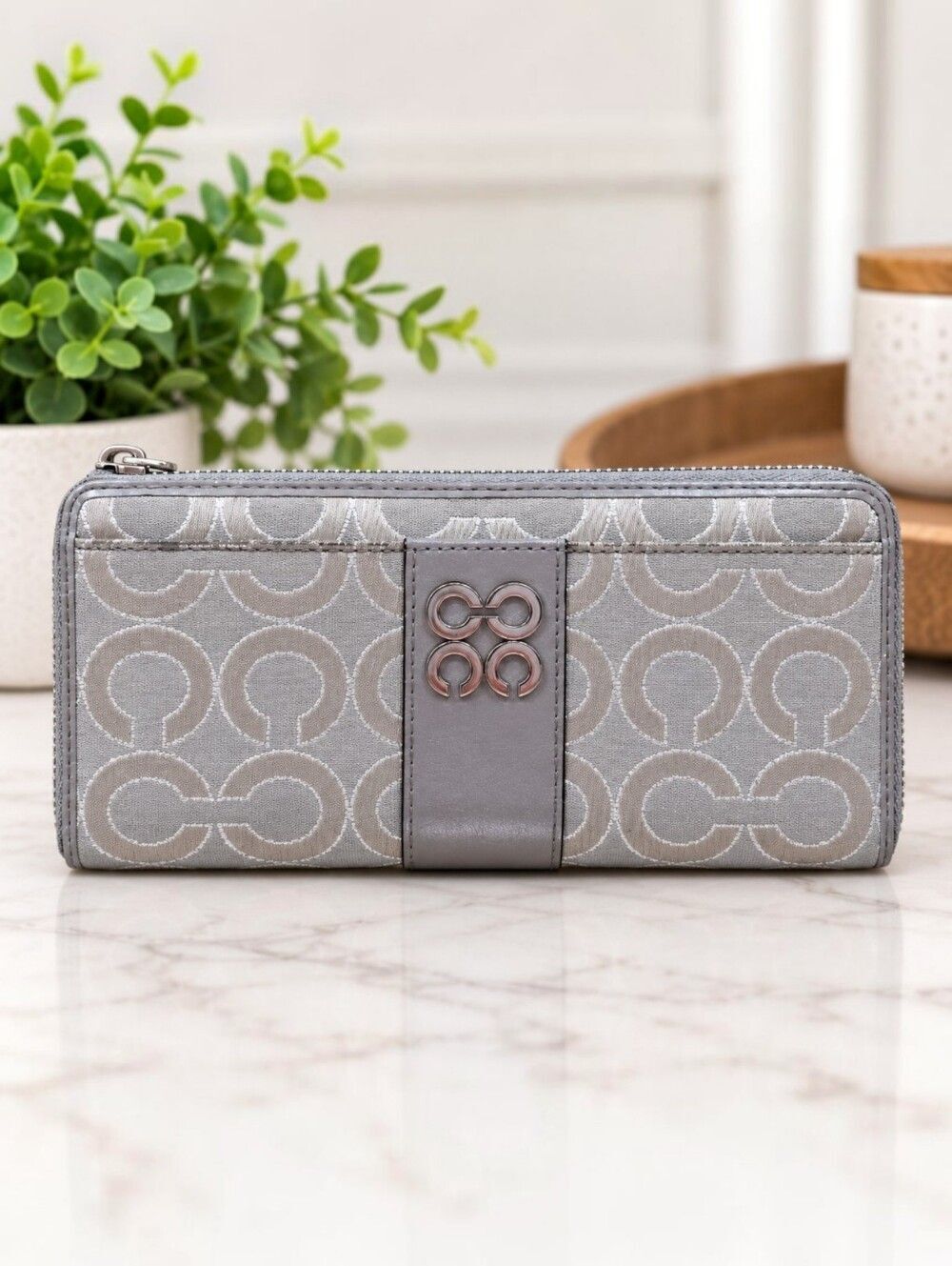 Coach Julia Op Art Zip Around Accordion Wallet Gray Taupe Silver Jacquard